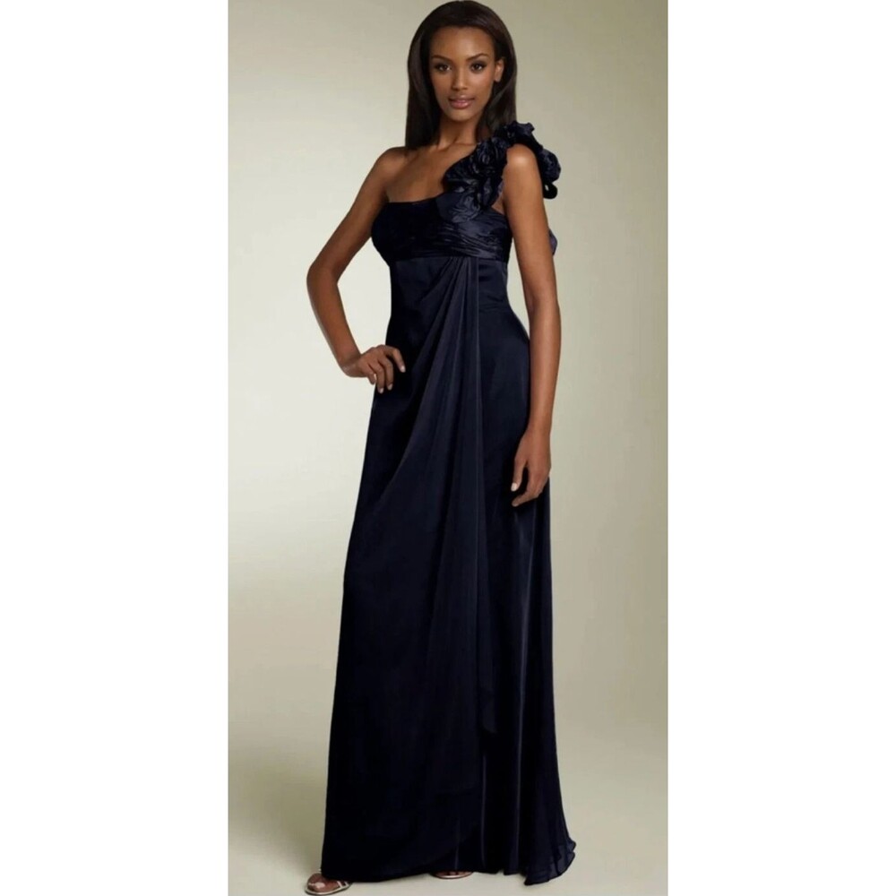 Teri Jon Rickie Freeman One Shoulder Rosette Strap Gown Blue Flower Chiffon 4
